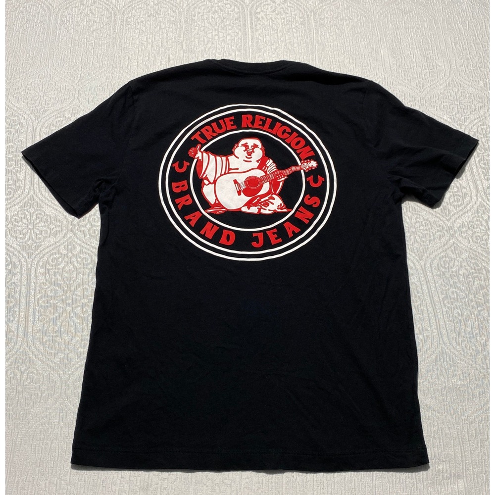 True Religion Buddha Logo Seal T-shirt Mens M Black‎ Guitar Graphic Logo